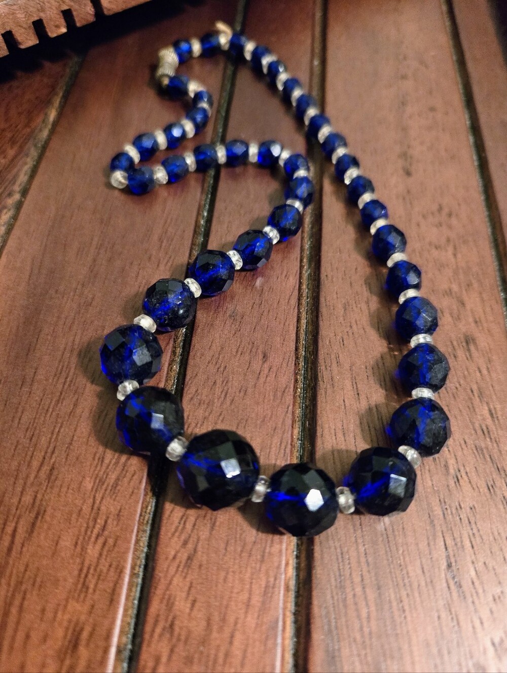 Vintage Cobalt And Clear Glass Beaded Necklace French Art Deco